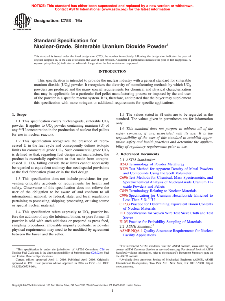 ASTM C753-16a - Standard Specification for  Nuclear-Grade, Sinterable Uranium Dioxide Powder