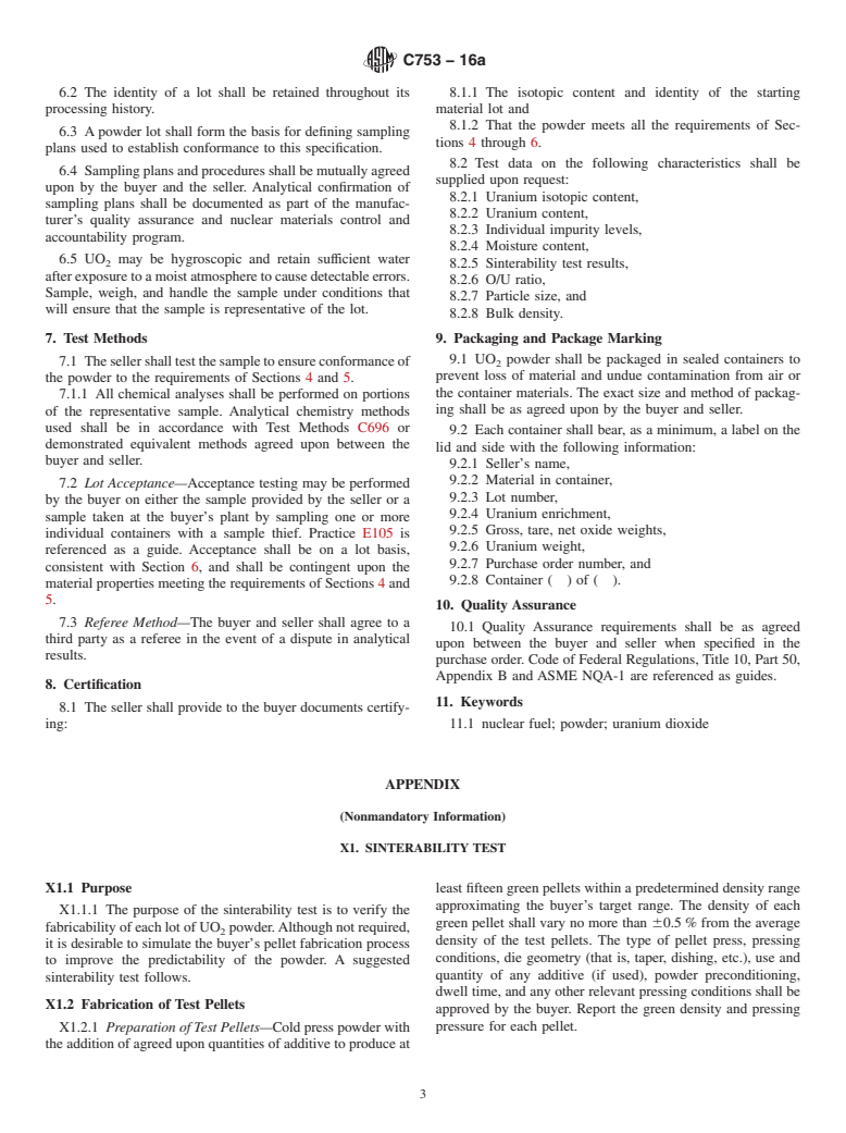 ASTM C753-16a - Standard Specification for  Nuclear-Grade, Sinterable Uranium Dioxide Powder