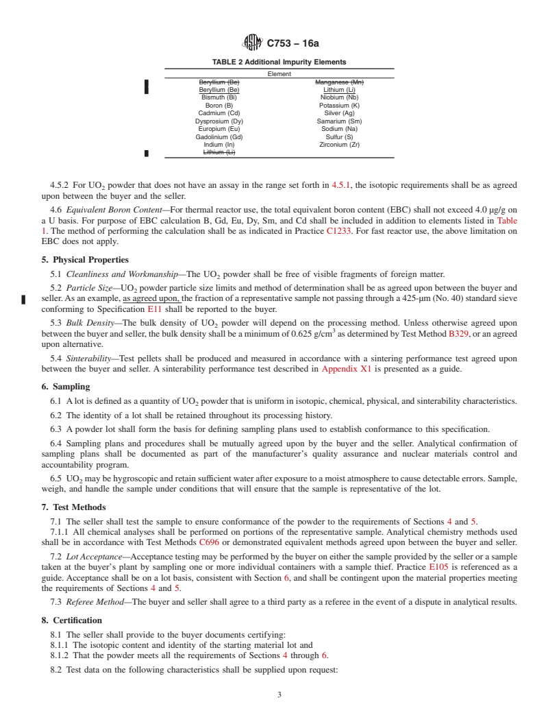 REDLINE ASTM C753-16a - Standard Specification for  Nuclear-Grade, Sinterable Uranium Dioxide Powder