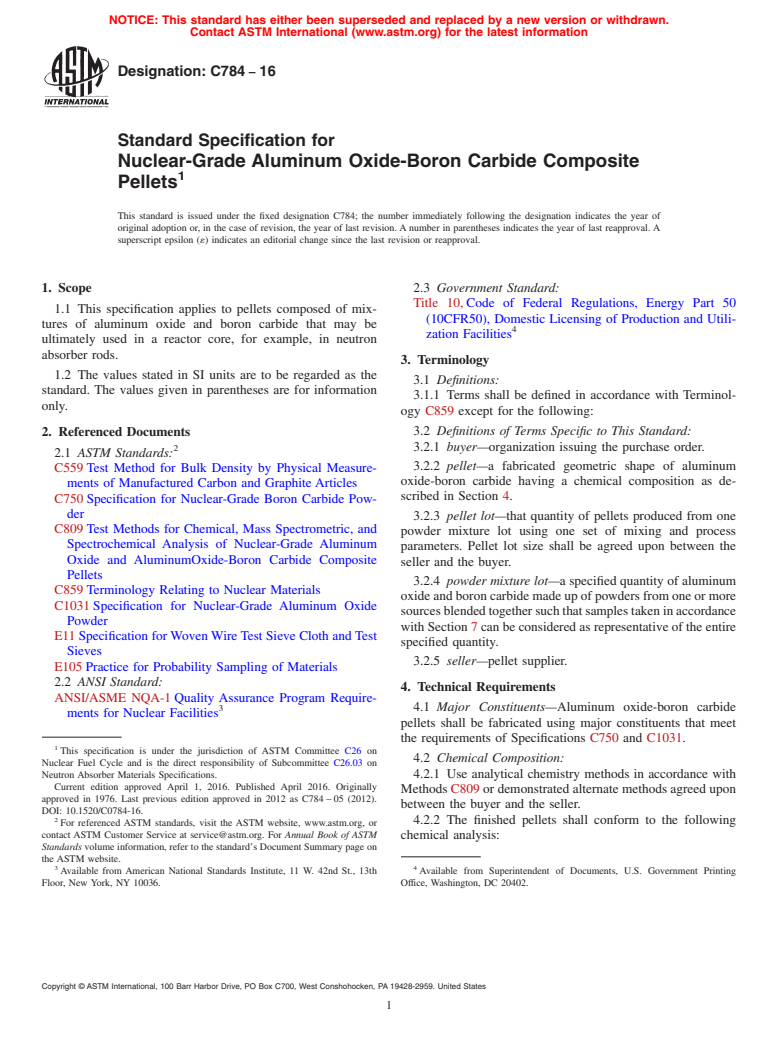 ASTM C784-16 - Standard Specification for  Nuclear-Grade Aluminum Oxide-Boron Carbide Composite Pellets