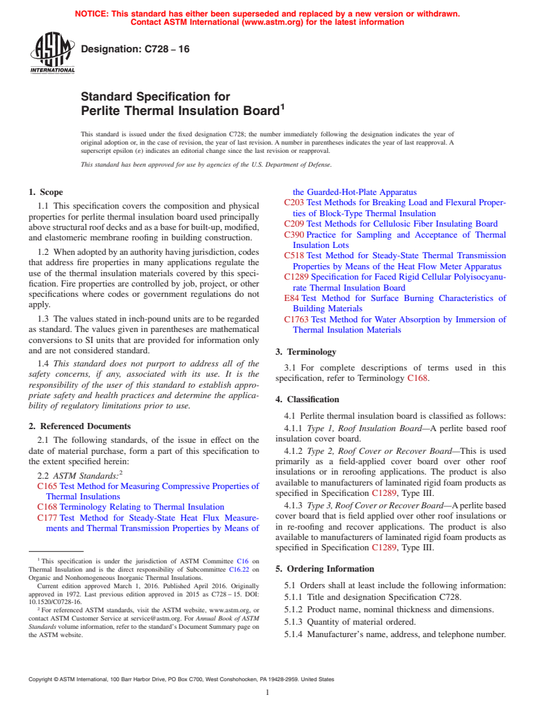 ASTM C728-16 - Standard Specification for  Perlite Thermal Insulation Board