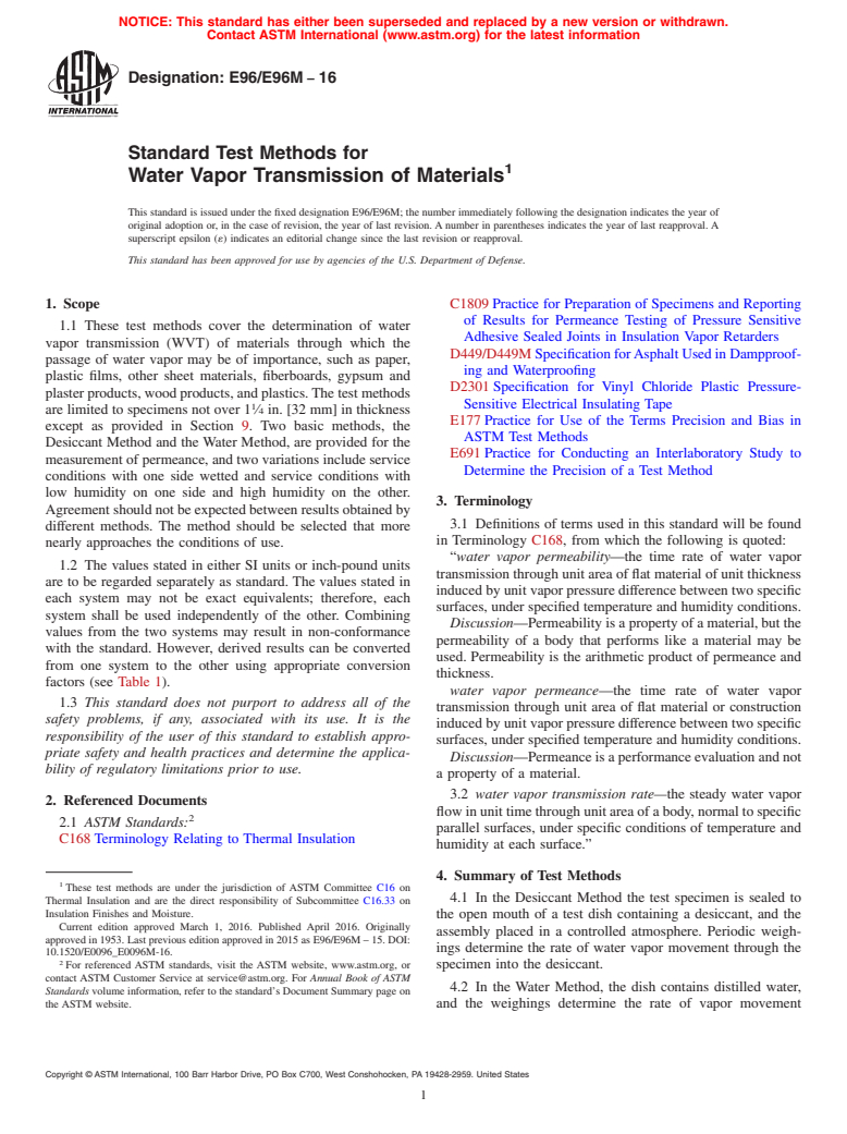 ASTM E96/E96M-16 - Standard Test Methods For Water Vapor Transmission ...