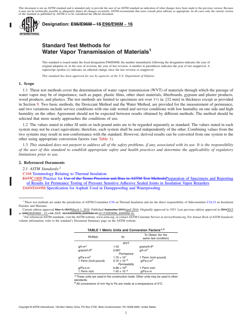 REDLINE ASTM E96/E96M-16 - Standard Test Methods for Water Vapor Transmission of Materials