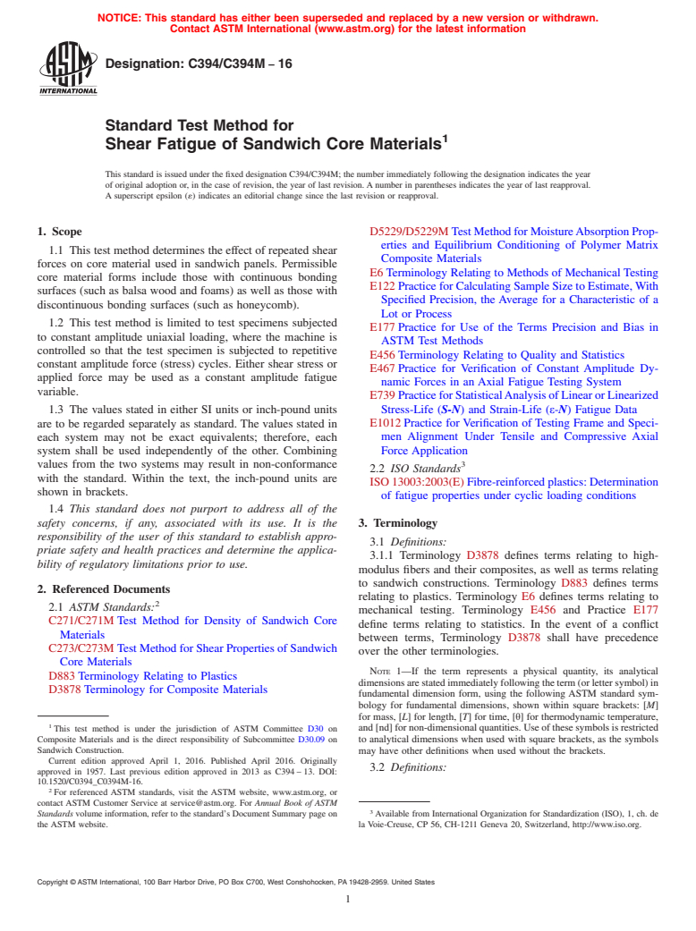 ASTM C394/C394M-16 - Standard Test Method for  Shear Fatigue of Sandwich Core Materials