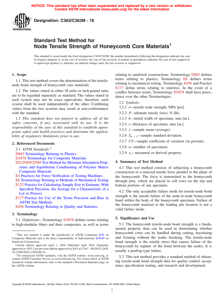 ASTM C363/C363M-16 - Standard Test Method for  Node Tensile Strength of Honeycomb Core Materials