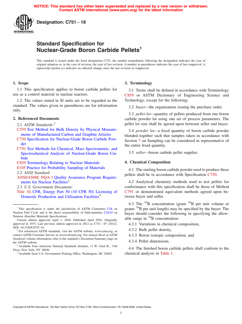 ASTM C751-16 - Standard Specification for  Nuclear-Grade Boron Carbide Pellets