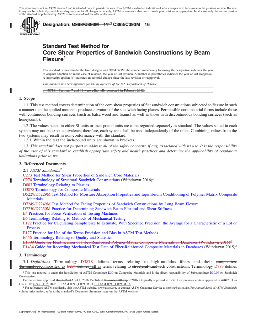 REDLINE ASTM C393/C393M-16 - Standard Test Method for  Core Shear Properties of Sandwich Constructions by Beam Flexure