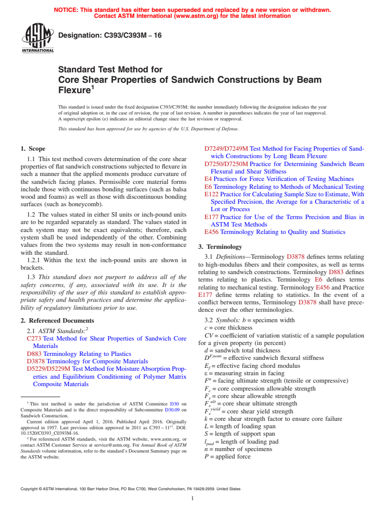 ASTM C393/C393M-16 - Standard Test Method for  Core Shear Properties of Sandwich Constructions by Beam Flexure