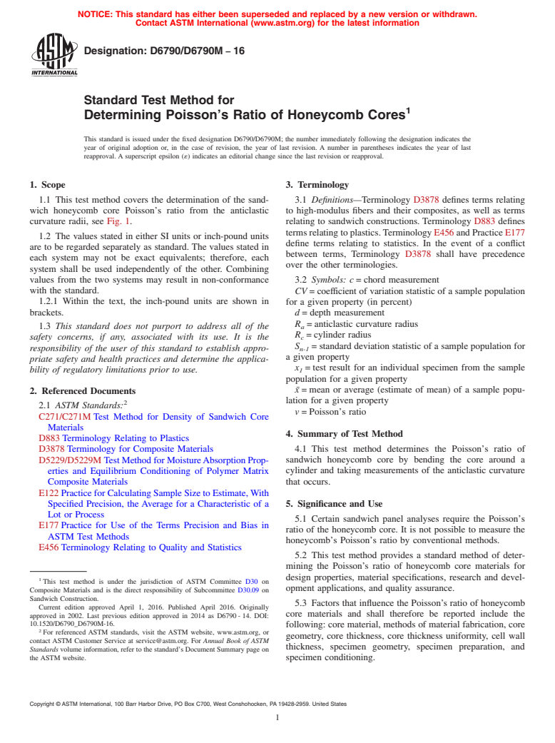 ASTM D6790/D6790M-16 - Standard Test Method for  Determining Poisson's Ratio of Honeycomb Cores