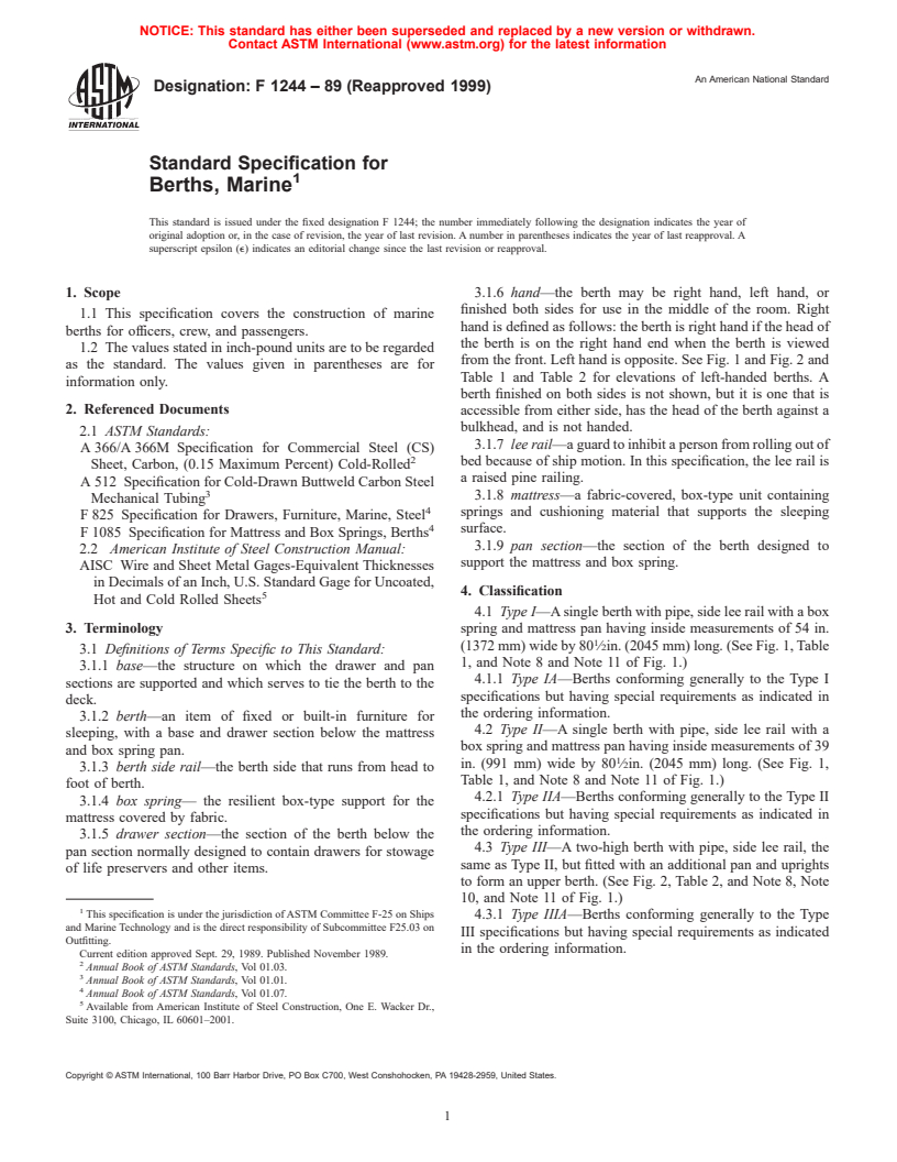 ASTM F1244-89(1999) - Standard Specification for Berths, Marine