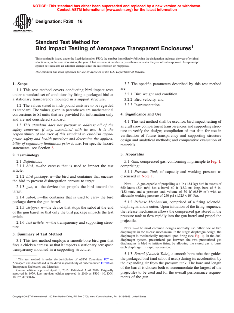 ASTM F330-16 - Standard Test Method for  Bird Impact Testing of Aerospace Transparent Enclosures