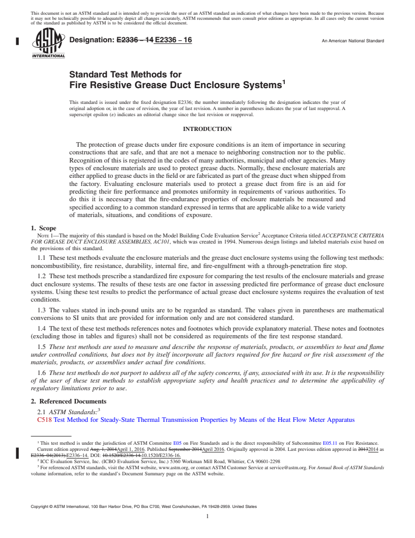 REDLINE ASTM E2336-16 - Standard Test Methods  for  Fire Resistive Grease Duct Enclosure Systems