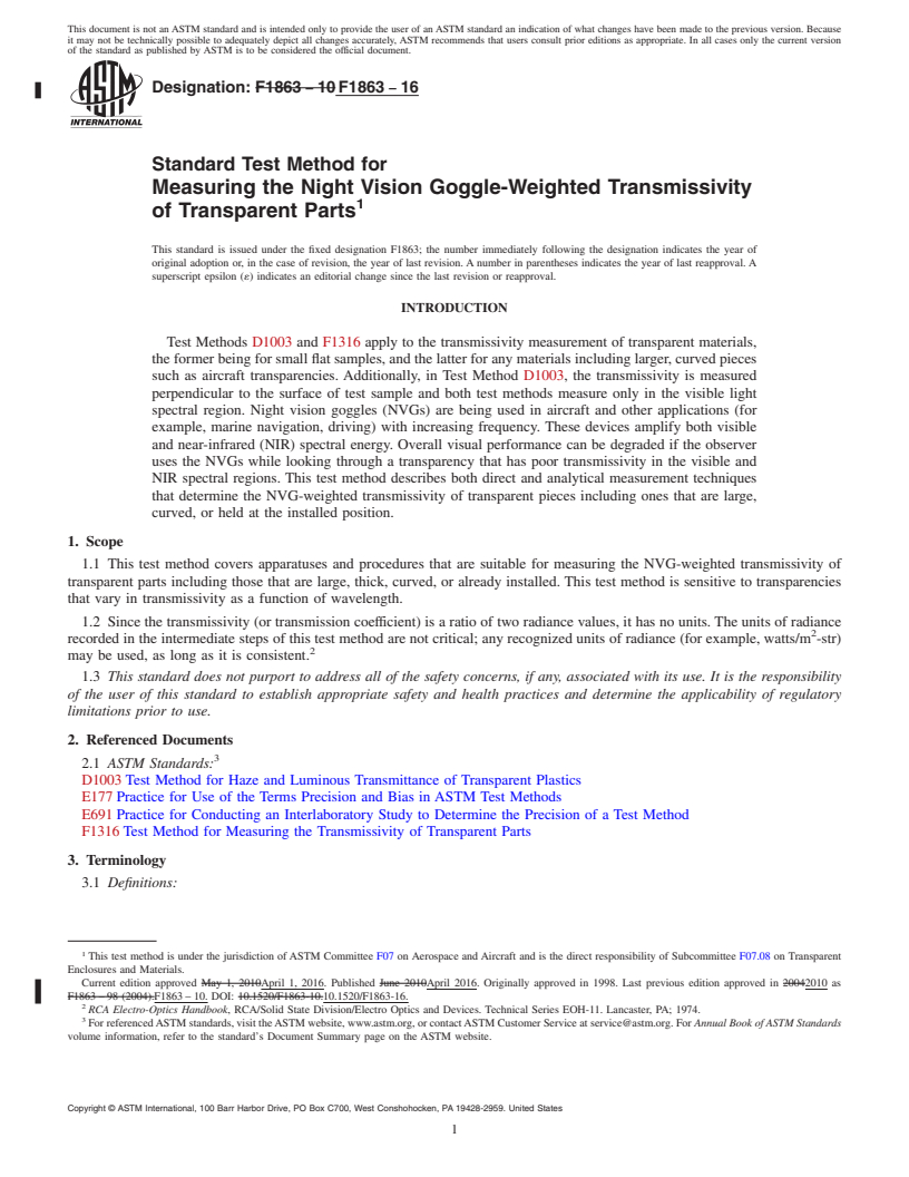 REDLINE ASTM F1863-16 - Standard Test Method for  Measuring the Night Vision Goggle-Weighted Transmissivity of  Transparent Parts