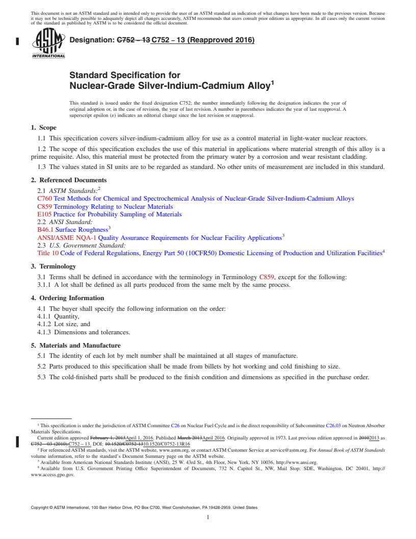 REDLINE ASTM C752-13(2016) - Standard Specification for  Nuclear-Grade Silver-Indium-Cadmium Alloy