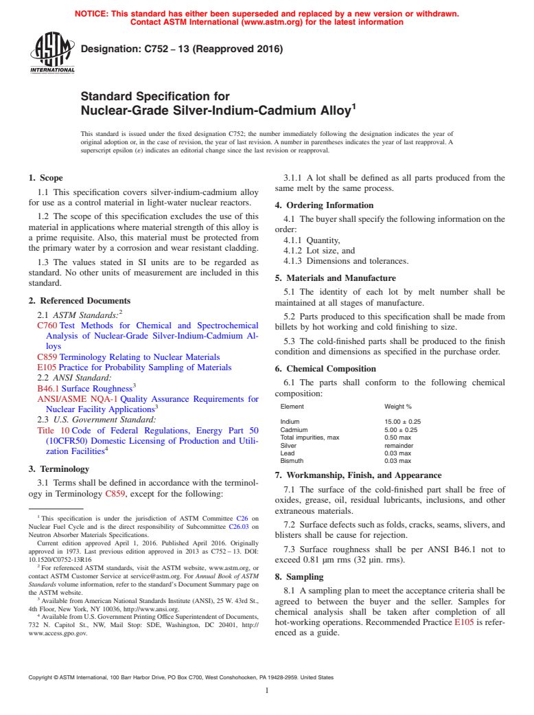 ASTM C752-13(2016) - Standard Specification for  Nuclear-Grade Silver-Indium-Cadmium Alloy