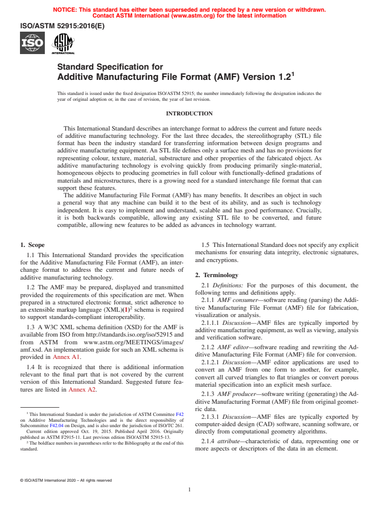 ASTM ISO/ASTM52915-16 - Standard Specification for  Additive Manufacturing File Format (AMF) Version 1.2