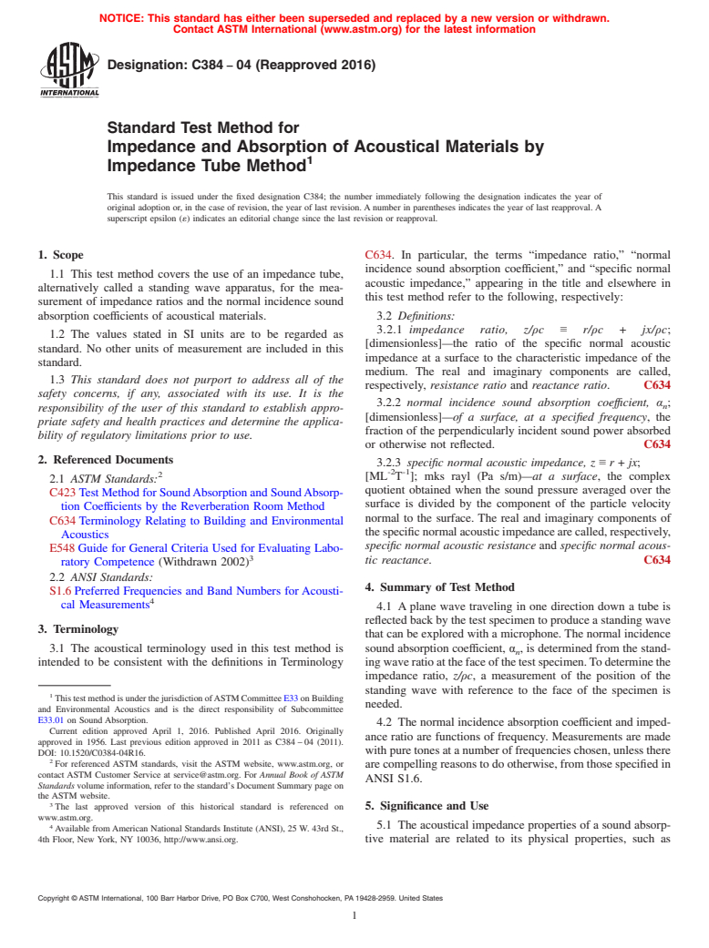 ASTM C384-04(2016) - Standard Test Method for  Impedance and Absorption of Acoustical Materials by Impedance  Tube Method