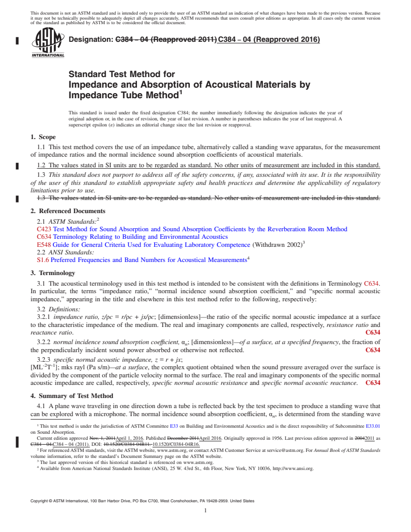 REDLINE ASTM C384-04(2016) - Standard Test Method for  Impedance and Absorption of Acoustical Materials by Impedance  Tube Method