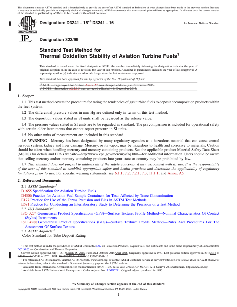 REDLINE ASTM D3241-16 - Standard Test Method for Thermal Oxidation Stability of Aviation Turbine Fuels