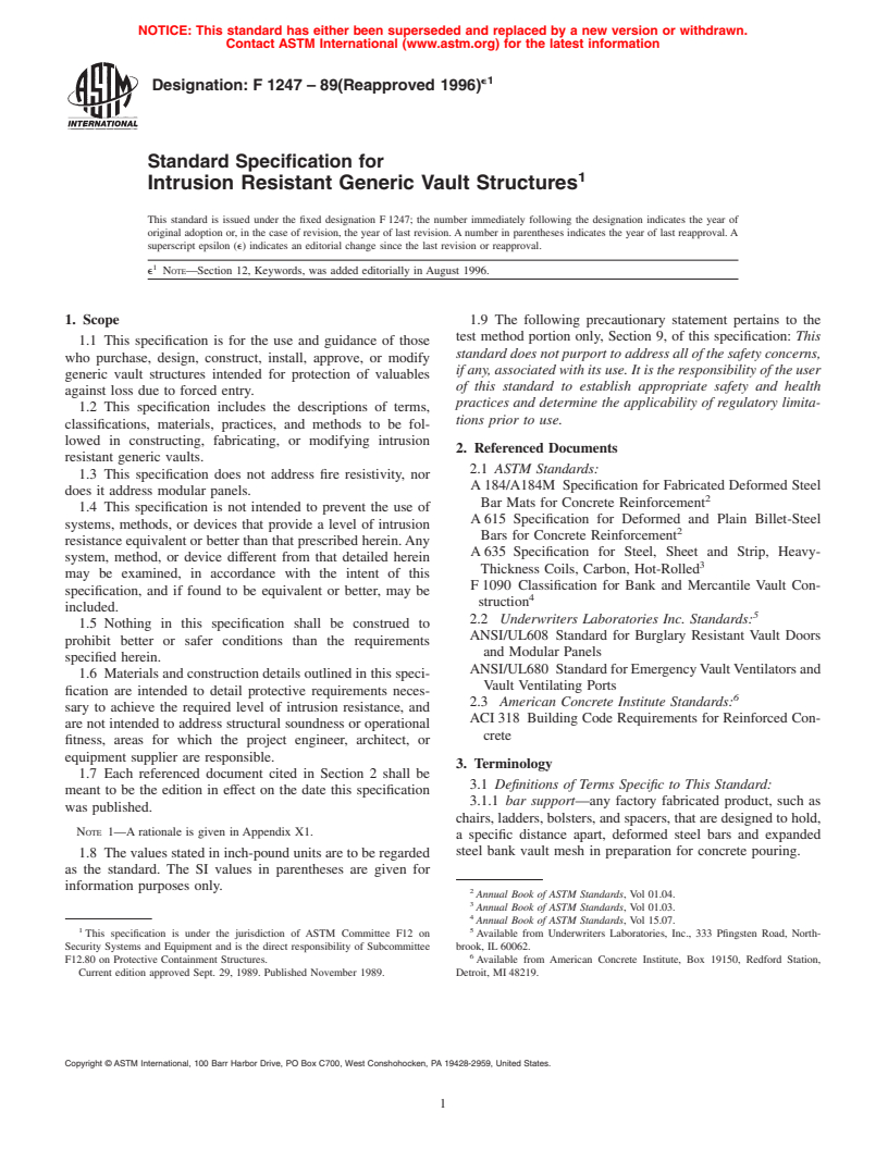 ASTM F1247-89(1996)e1 - Standard Specification for Intrusion Resistant Generic Vault Structures