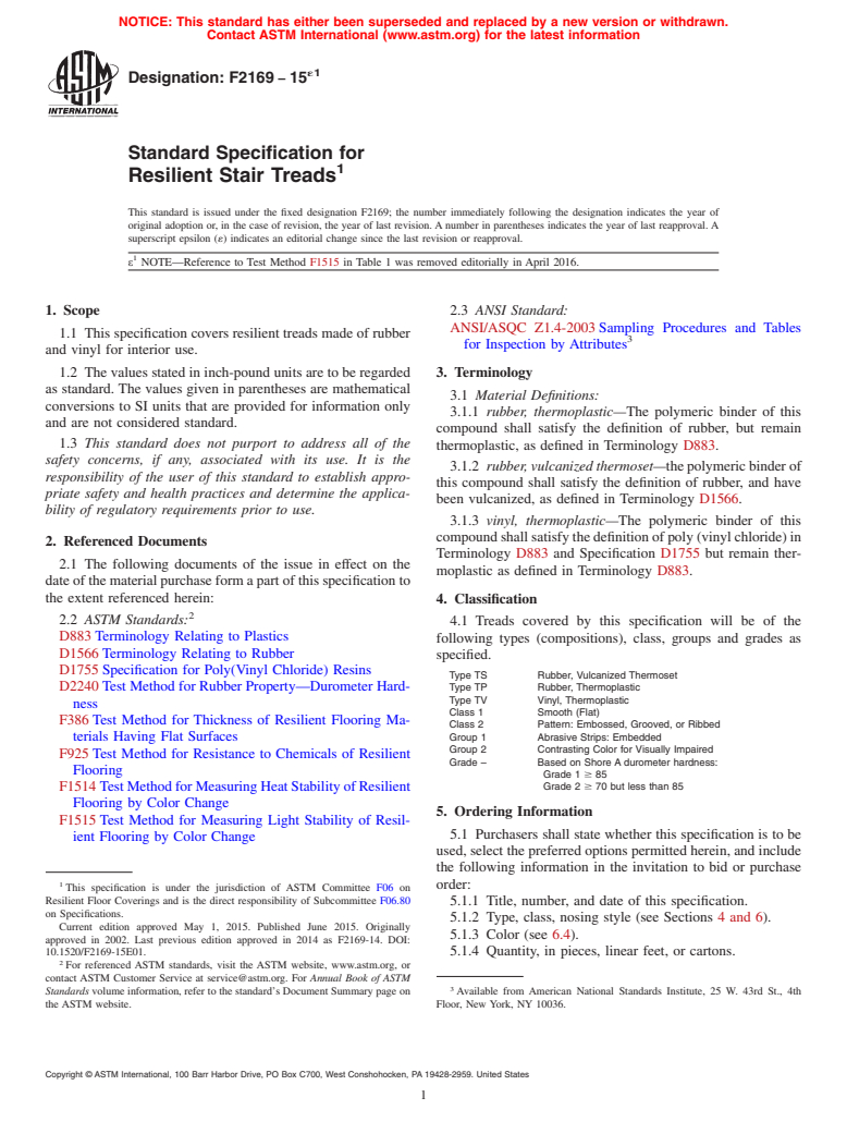 ASTM F2169-15e1 - Standard Specification for  Resilient Stair Treads