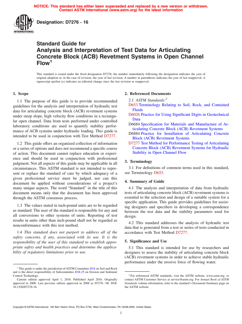 ASTM D7276-16 - Standard Guide for Analysis and Interpretation of Test Data for Articulating Concrete  Block (ACB) Revetment Systems in Open Channel Flow