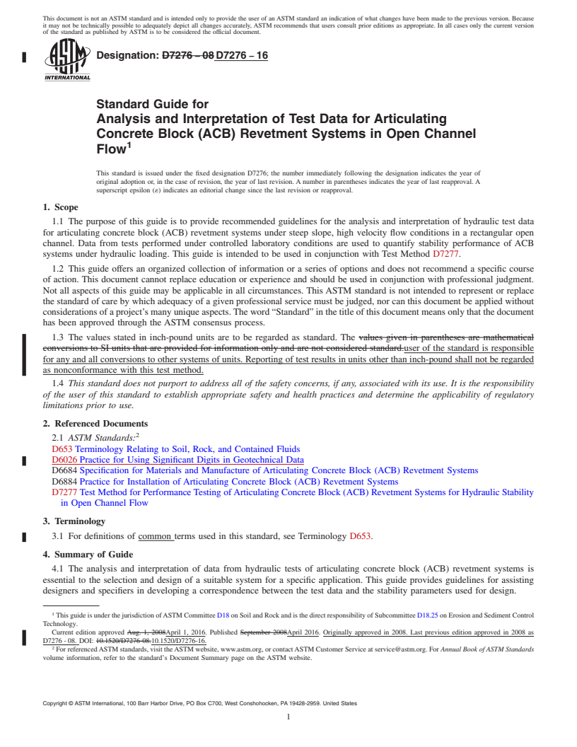 REDLINE ASTM D7276-16 - Standard Guide for Analysis and Interpretation of Test Data for Articulating Concrete  Block (ACB) Revetment Systems in Open Channel Flow