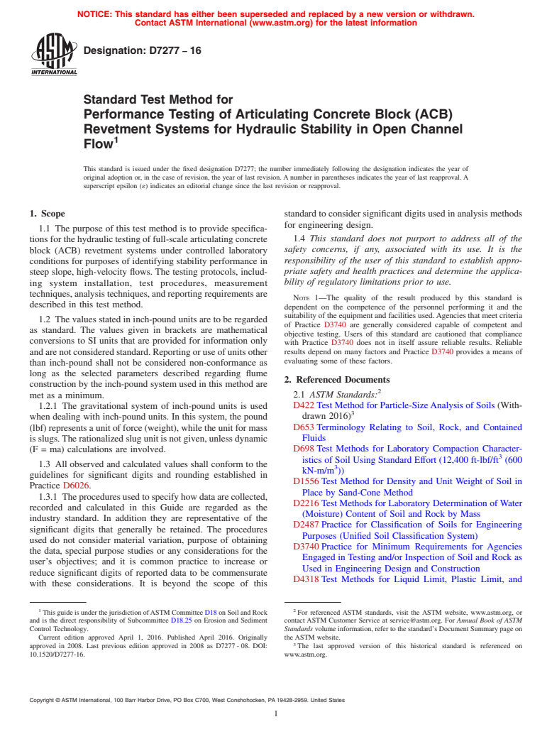 ASTM D7277-16 - Standard Test Method for Performance Testing of Articulating Concrete Block (ACB) Revetment  Systems for Hydraulic Stability in Open Channel Flow