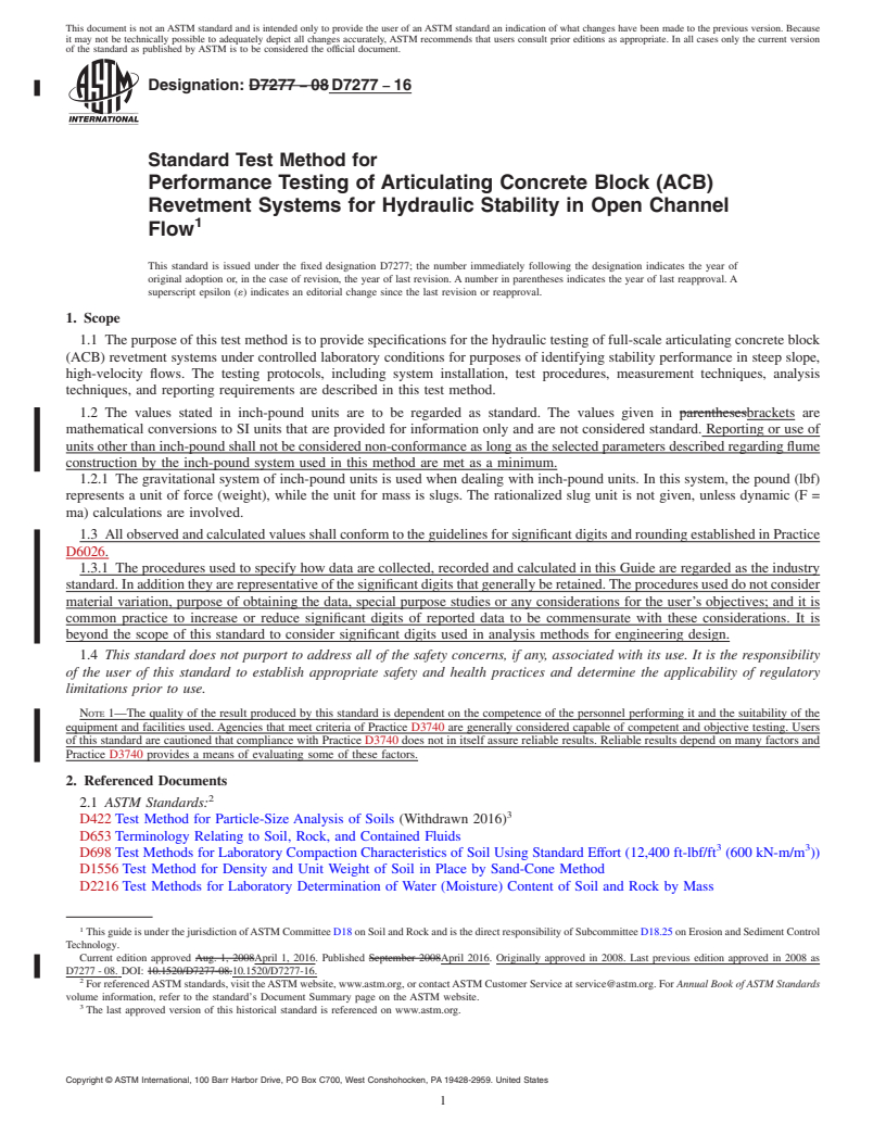 REDLINE ASTM D7277-16 - Standard Test Method for Performance Testing of Articulating Concrete Block (ACB) Revetment  Systems for Hydraulic Stability in Open Channel Flow