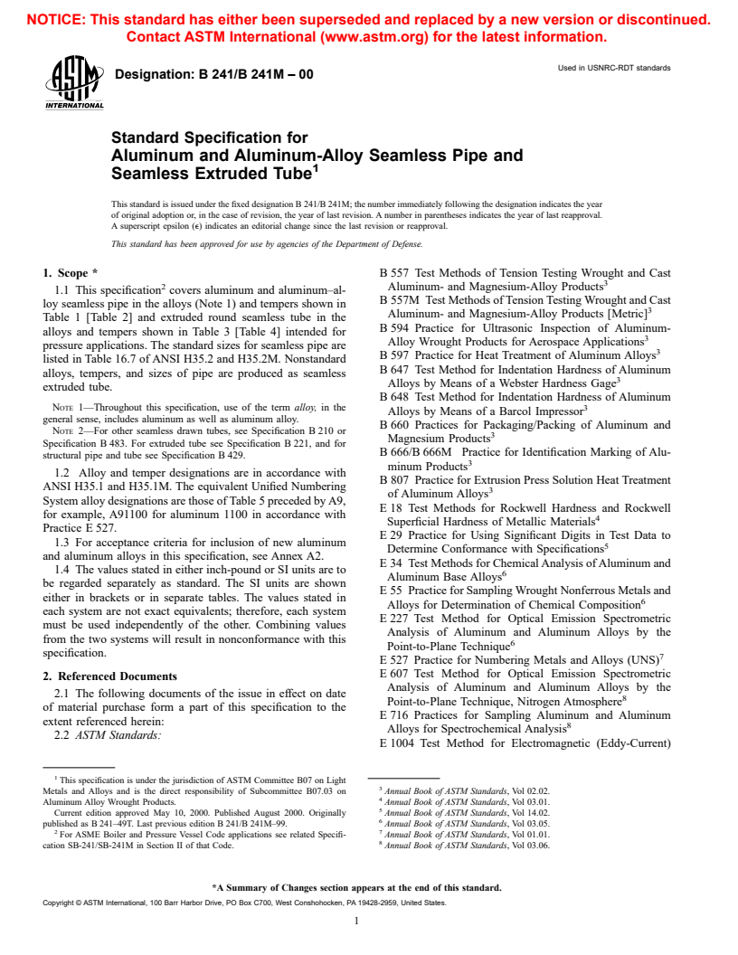 ASTM B241/B241M-00 - Standard Specification for Aluminum and Aluminum-Alloy Seamless Pipe and Seamless Extruded Tube