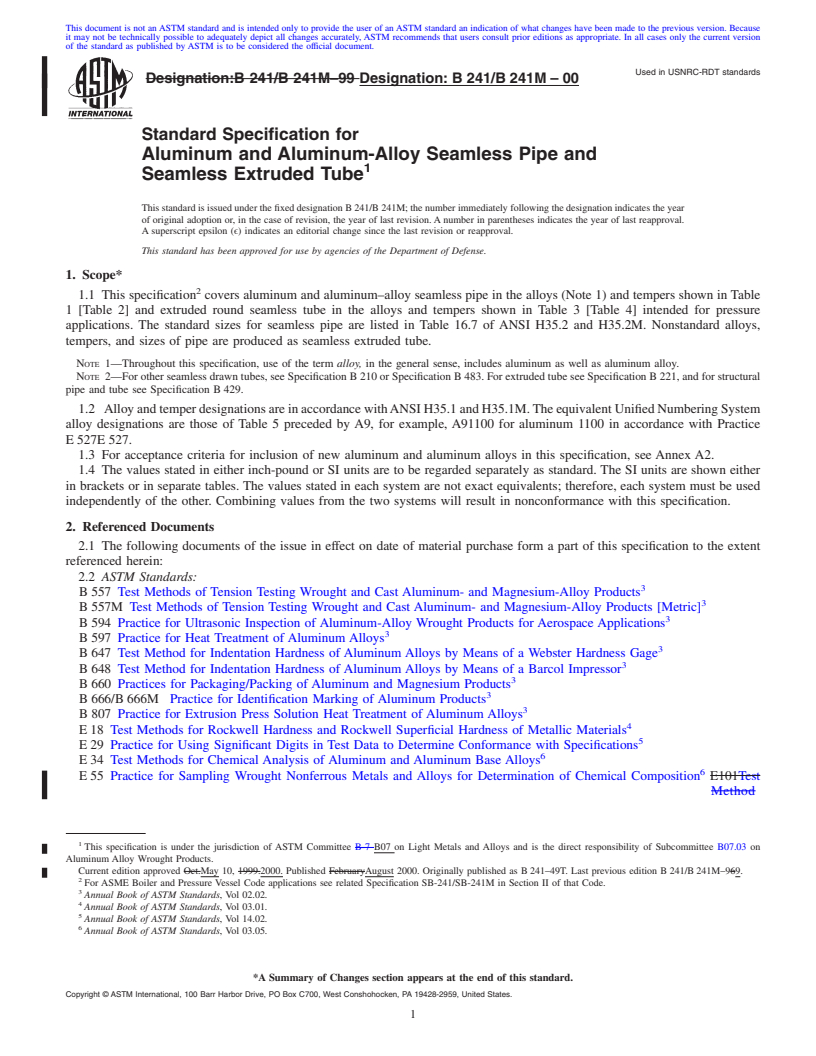 REDLINE ASTM B241/B241M-00 - Standard Specification for Aluminum and Aluminum-Alloy Seamless Pipe and Seamless Extruded Tube