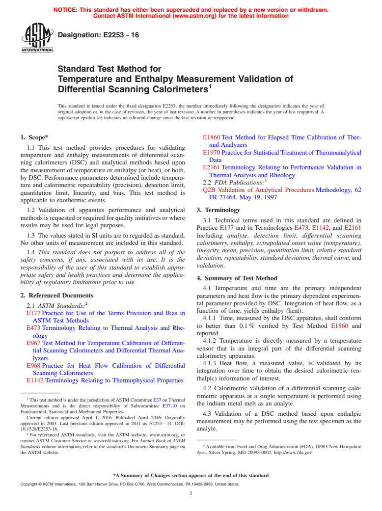 ASTM E2253-16 - Standard Test Method for Temperature and Enthalpy Measurement Validation of Differential  Scanning Calorimeters