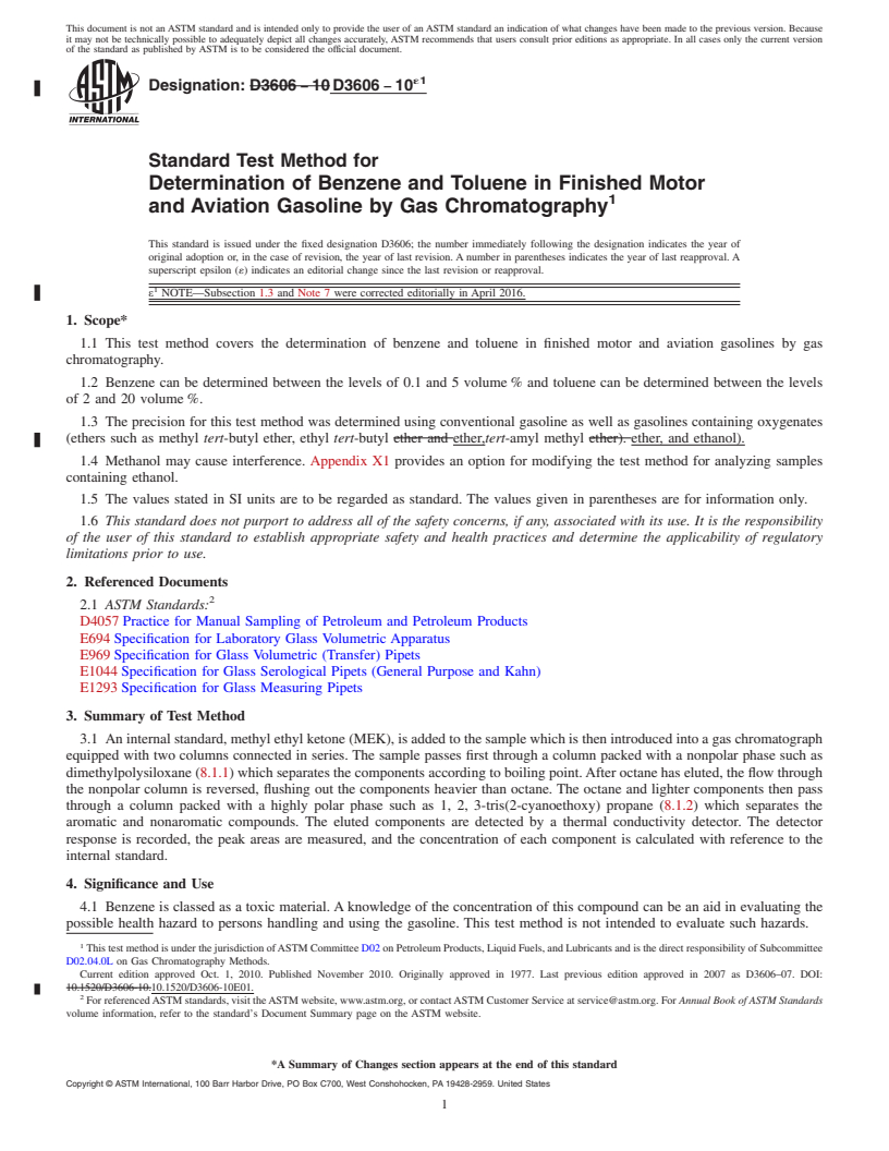 REDLINE ASTM D3606-10e1 - Standard Test Method for  Determination of Benzene and Toluene in Finished Motor and   Aviation Gasoline by Gas Chromatography