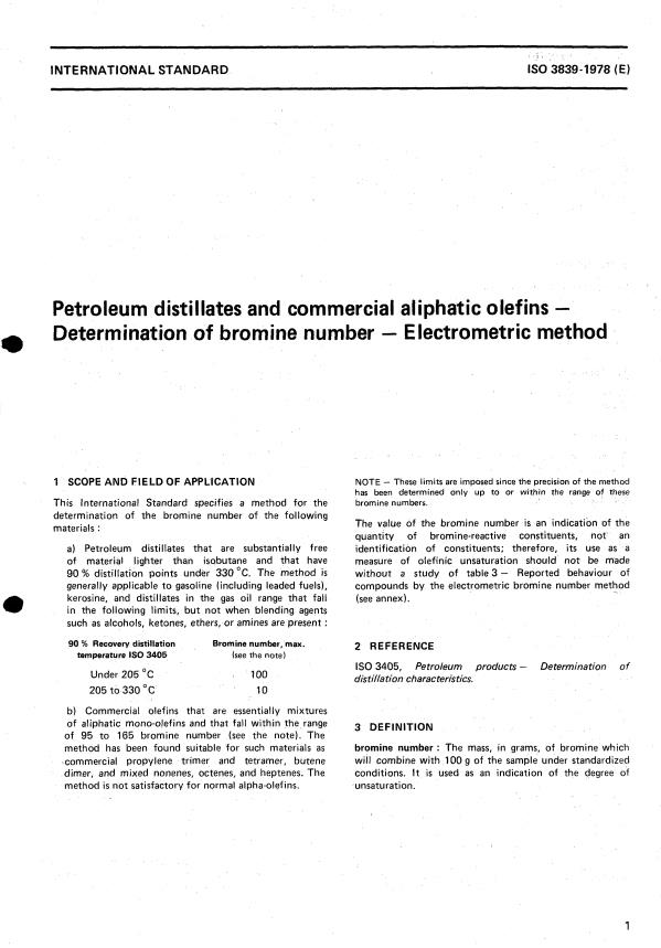 ISO 3839:1978 - Petroleum distillates and commercial aliphatic olefins -- Determination of bromine number -- Electrometric method