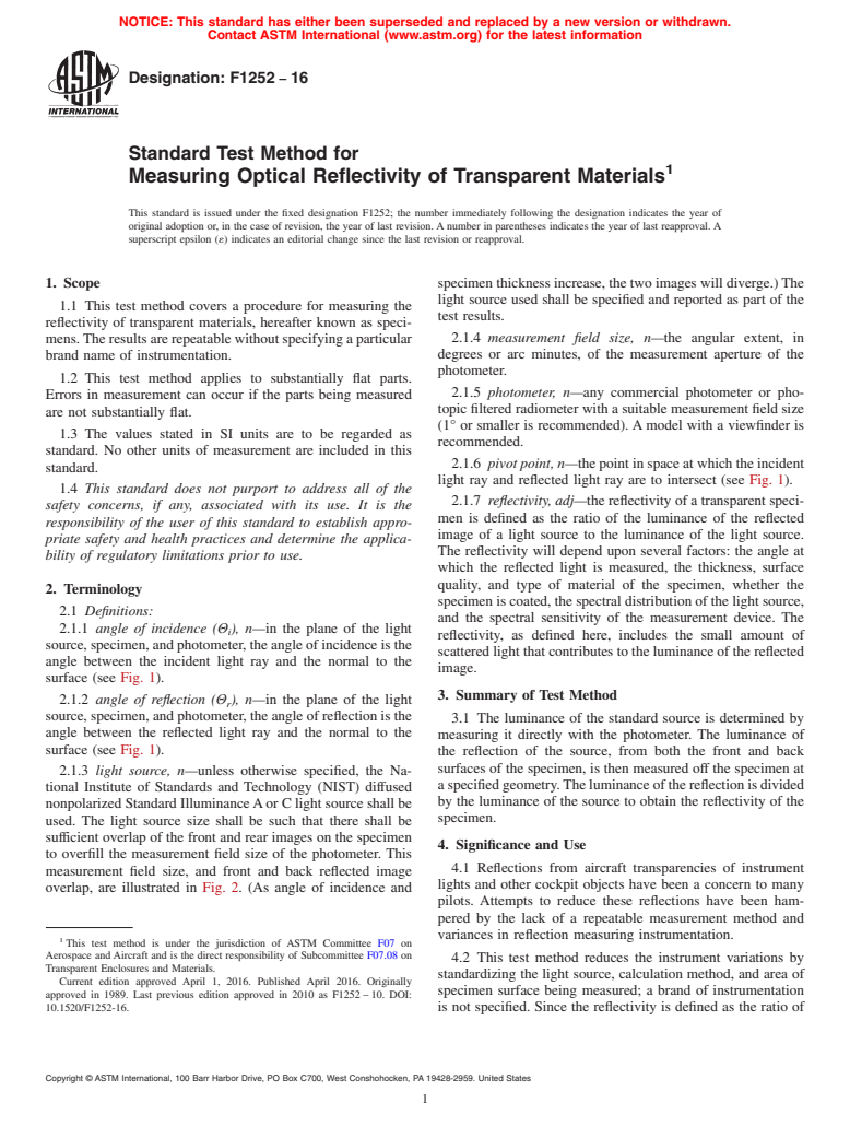 ASTM F1252-16 - Standard Test Method for  Measuring Optical Reflectivity of Transparent Materials