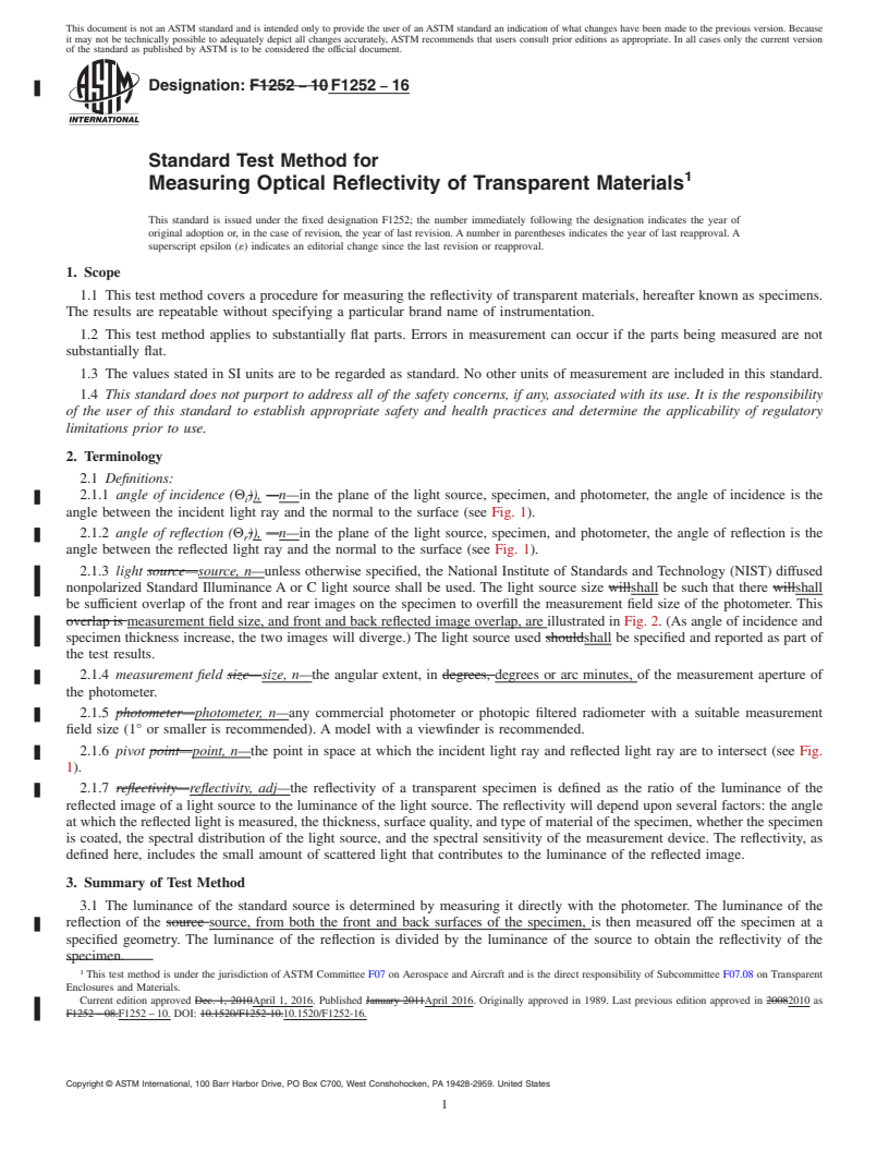 REDLINE ASTM F1252-16 - Standard Test Method for  Measuring Optical Reflectivity of Transparent Materials