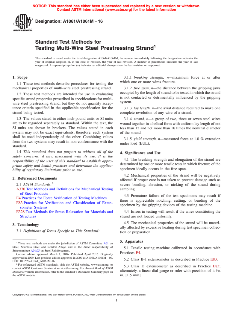 ASTM A1061/A1061M-16 - Standard Test Methods for  Testing Multi-Wire Steel Prestressing Strand