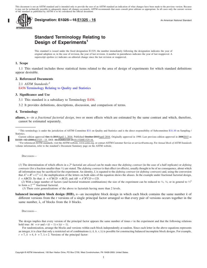 REDLINE ASTM E1325-16 - Standard Terminology Relating to  Design of Experiments