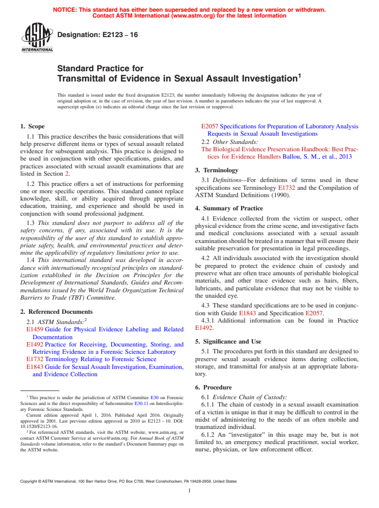 ASTM E2123-16 - Standard Practice for  Transmittal of Evidence in Sexual Assault Investigation