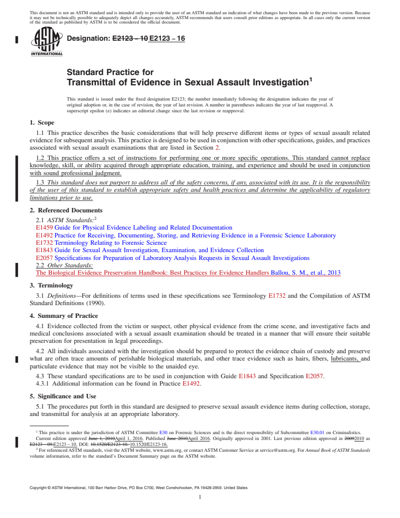 REDLINE ASTM E2123-16 - Standard Practice for  Transmittal of Evidence in Sexual Assault Investigation