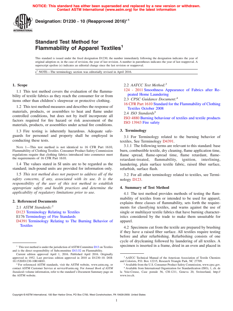 ASTM D1230-10(2016)e1 - Standard Test Method for  Flammability of Apparel Textiles