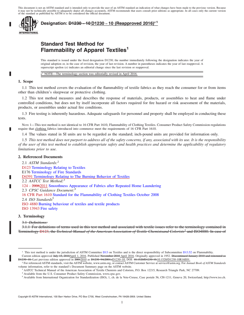 REDLINE ASTM D1230-10(2016)e1 - Standard Test Method for  Flammability of Apparel Textiles