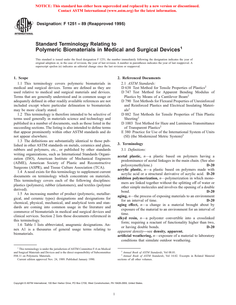 ASTM F1251-89(1995) - Standard Terminology Relating to Polymeric Biomaterials in Medical and Surgical Devices