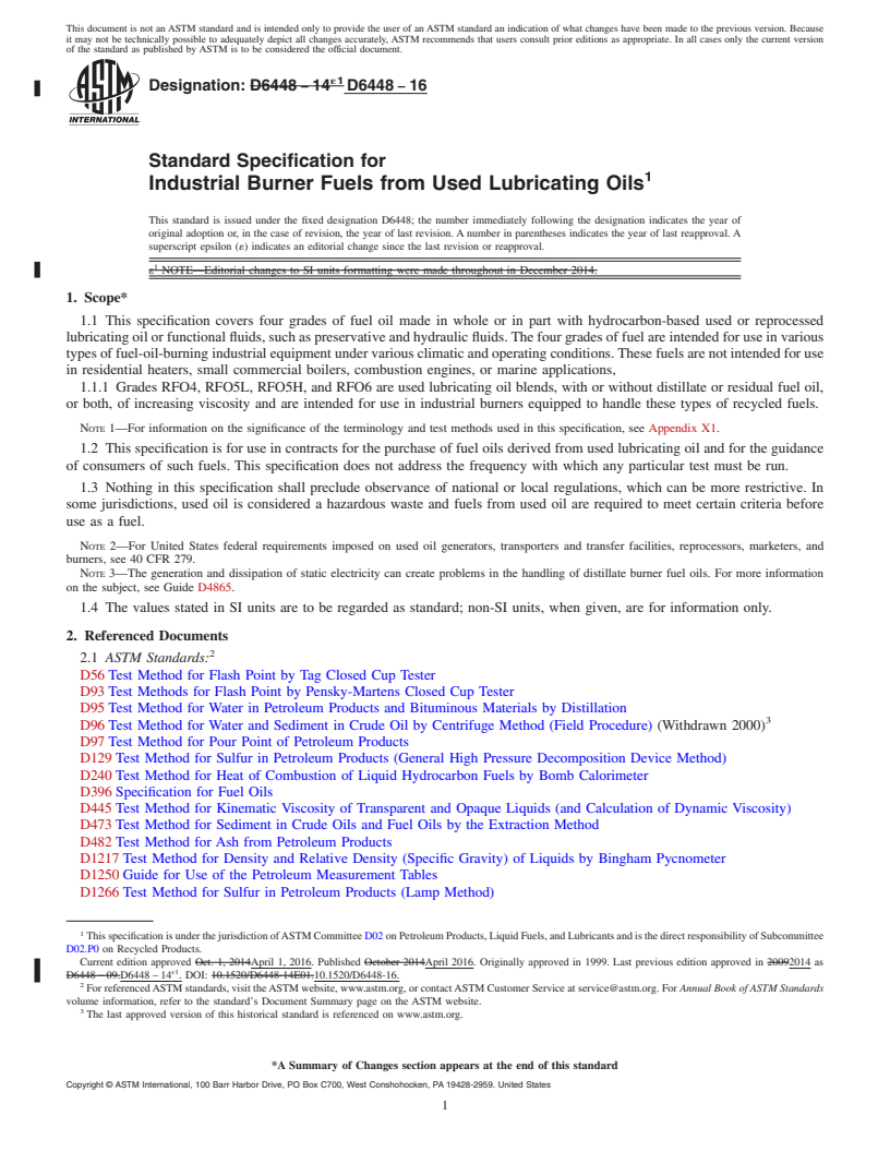 REDLINE ASTM D6448-16 - Standard Specification for  Industrial Burner Fuels from Used Lubricating Oils