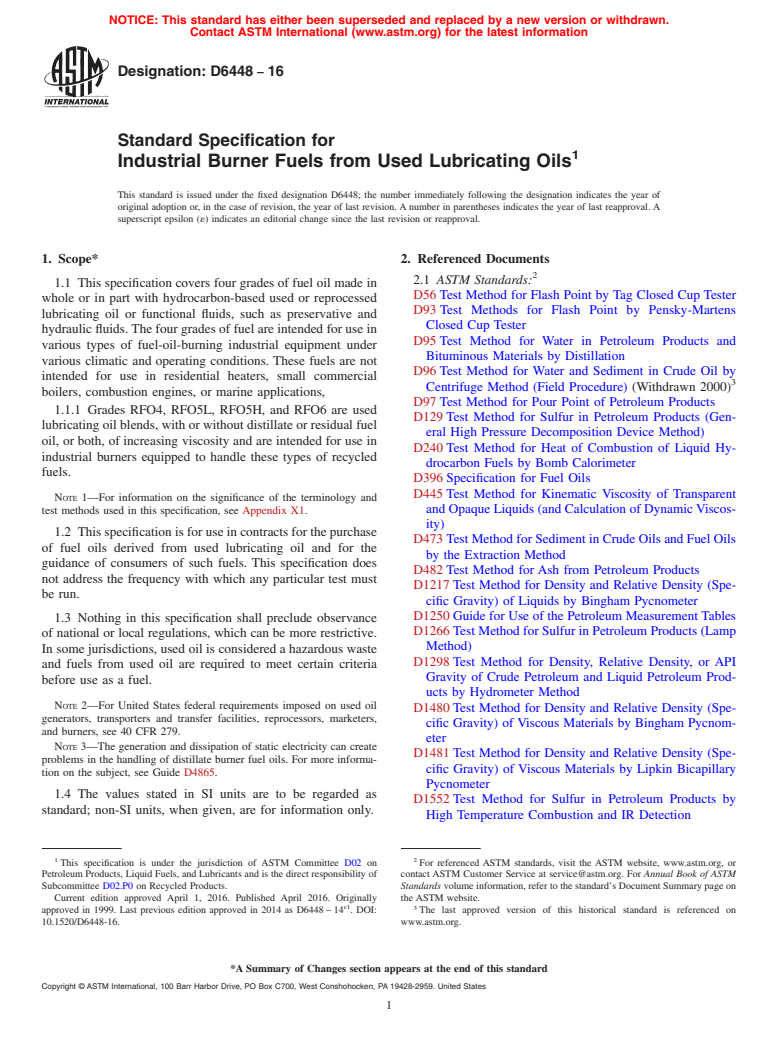 ASTM D6448-16 - Standard Specification for  Industrial Burner Fuels from Used Lubricating Oils