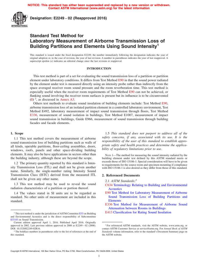 ASTM E2249-02(2016) - Standard Test Method for  Laboratory Measurement of Airborne Transmission Loss of Building  Partitions and Elements Using Sound Intensity