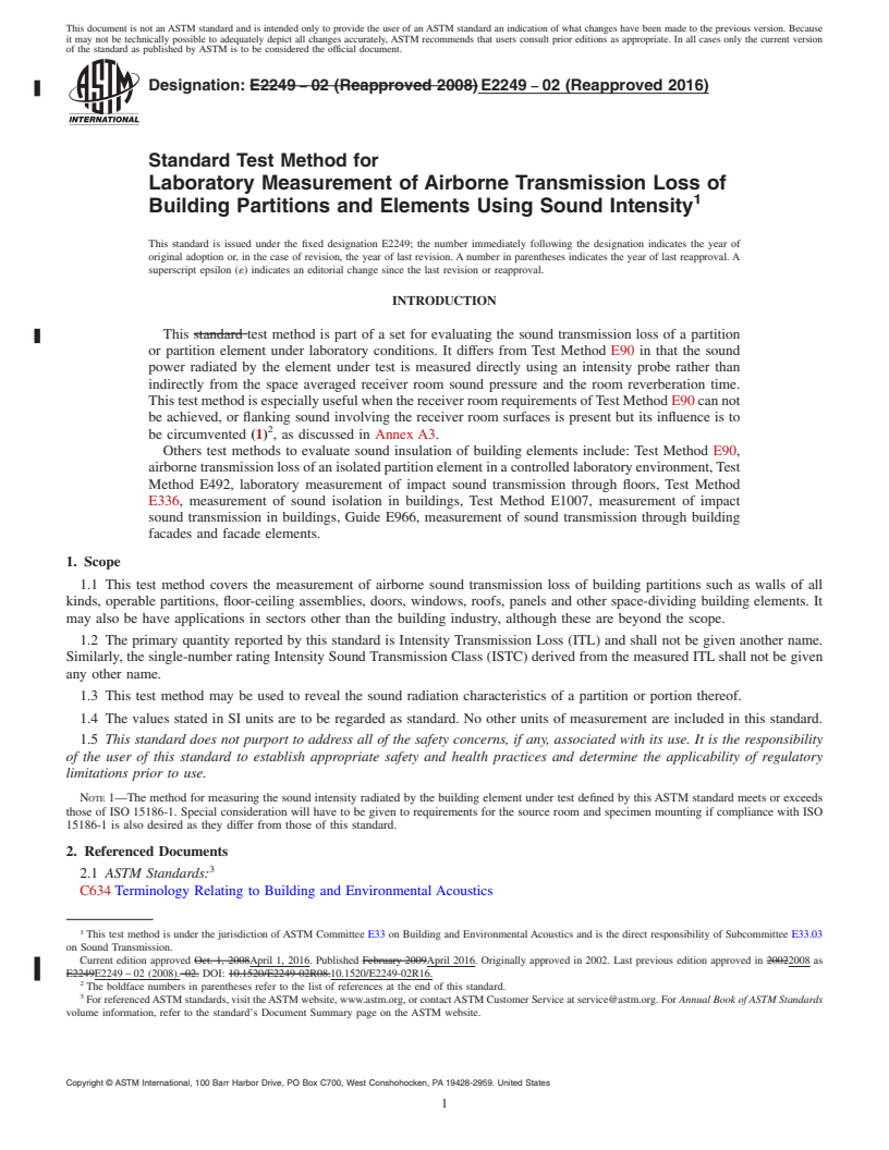 REDLINE ASTM E2249-02(2016) - Standard Test Method for  Laboratory Measurement of Airborne Transmission Loss of Building  Partitions and Elements Using Sound Intensity