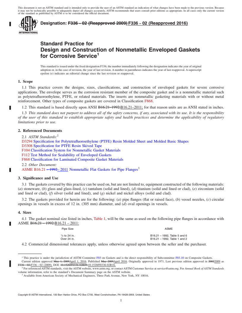 REDLINE ASTM F336-02(2016) - Standard Practice for  Design and Construction of Nonmetallic Enveloped Gaskets for  Corrosive Service