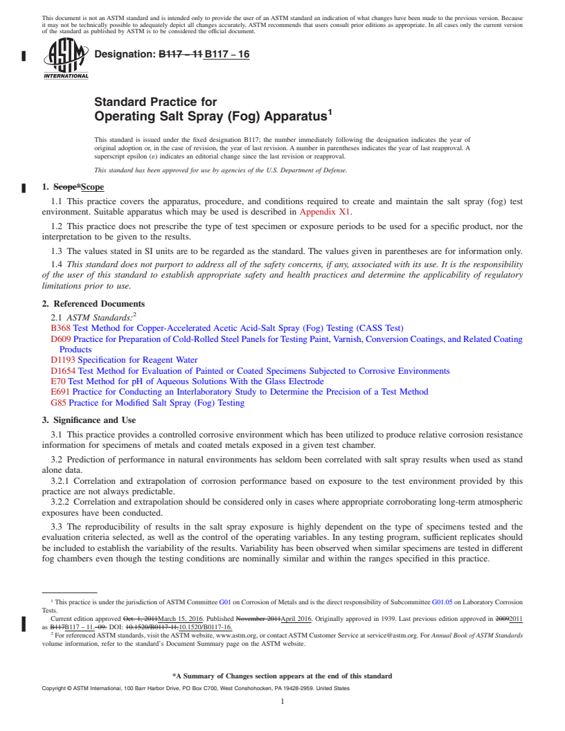 REDLINE ASTM B117-16 - Standard Practice for  Operating Salt Spray (Fog) Apparatus