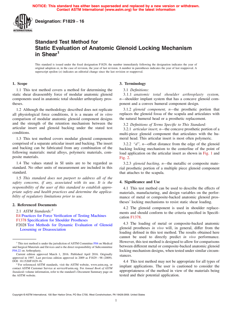 ASTM F1829-16 - Standard Test Method for Static Evaluation of Anatomic Glenoid Locking Mechanism in  Shear